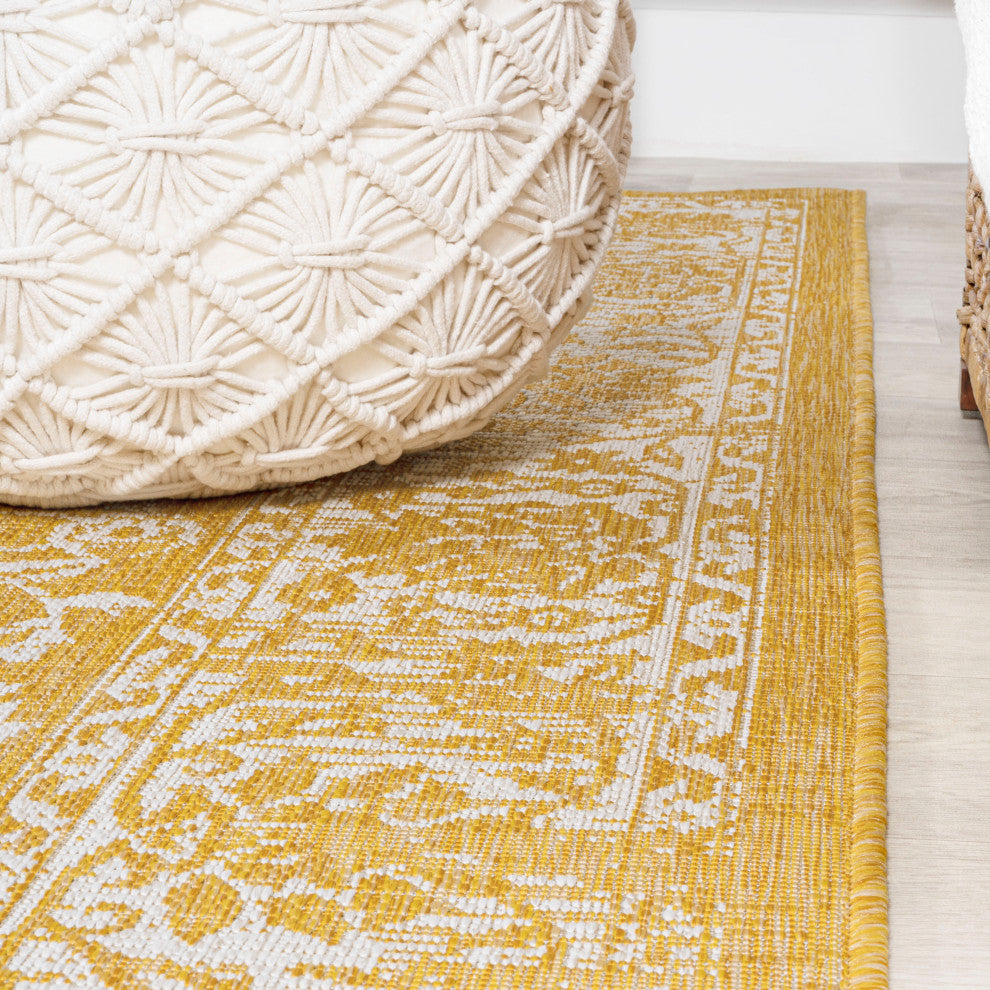 Tela Boho Textured Weave Floral Indoor/Outdoor Rug, Yellow/Cream, 5' Square