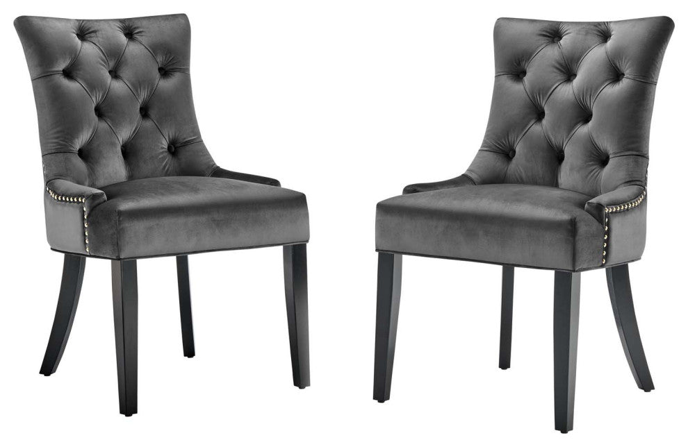 Tufted Side Dining Chair, Set of 2, Velvet, Wood, Dark Gray, Modern, Bistro