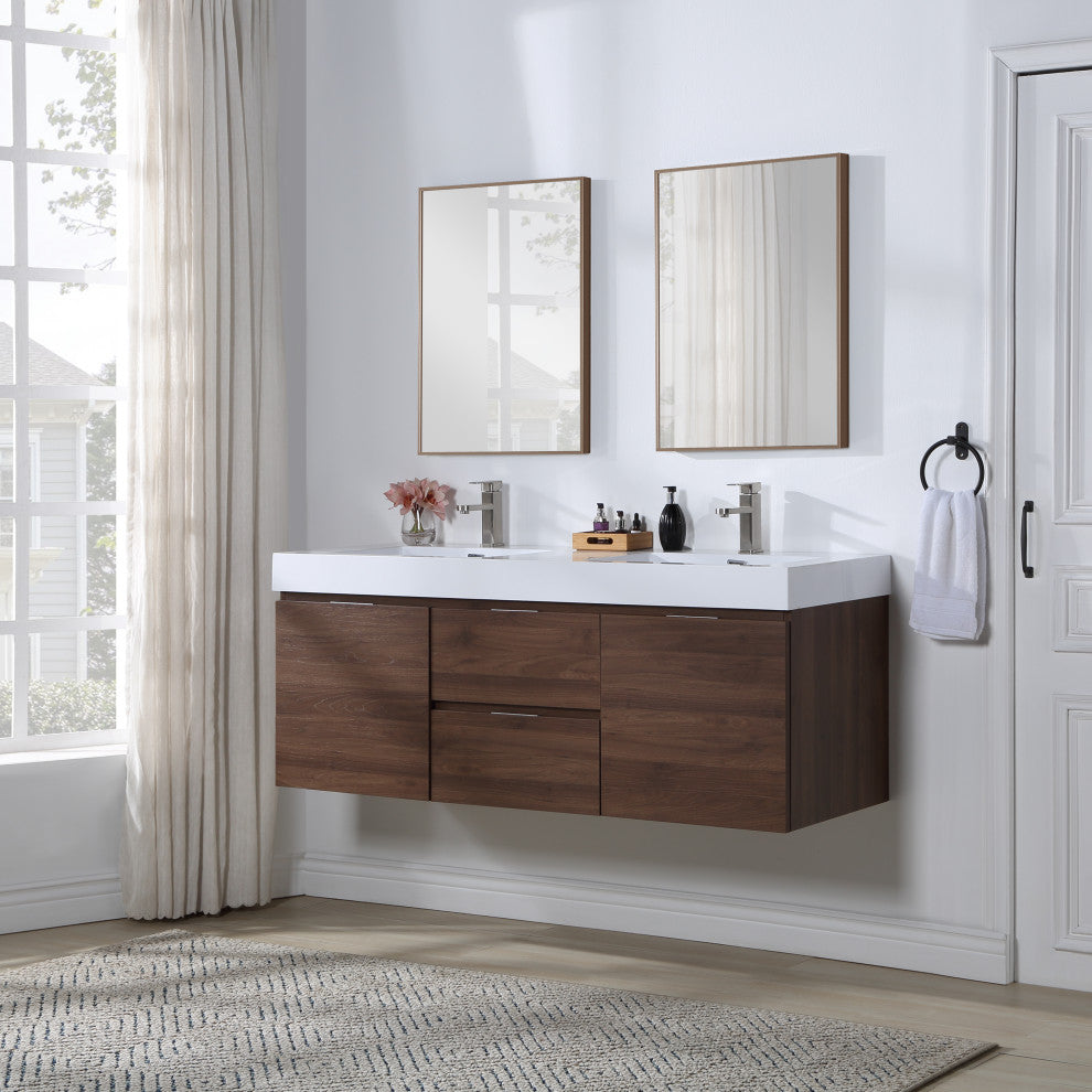 Stufurhome Valeria 59 in. Wall Mounted Bathroom Vanity without Mirror, Walnut, D