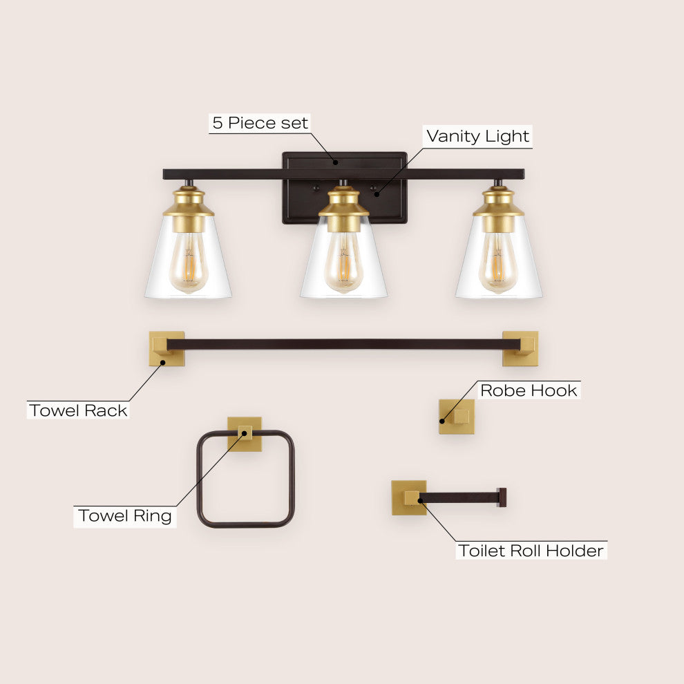 3-Light Vintage Classic Vanity Light, Bathroom Hardware Accessory Set, 5-Piece