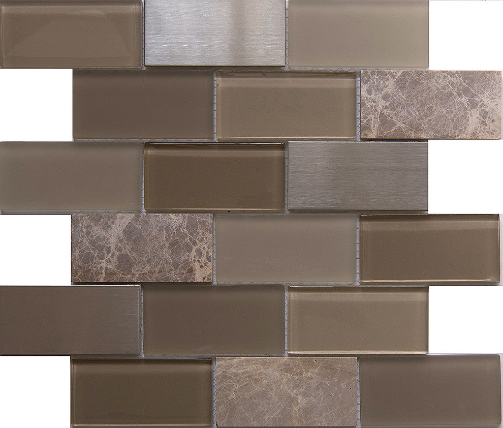 12"x12" Glass, Stone and Metal Mosaic Tile, Zamora, Big Brick, Set of 5