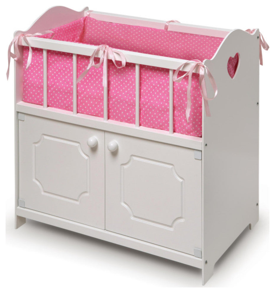 White Storage Doll Crib With Bedding