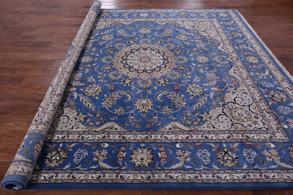 9' Square Persian Nain Handmade Wool and Silk Rug Q6139