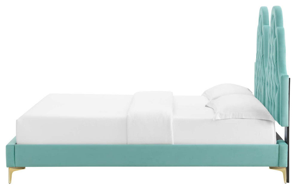 Tufted Platform Bed Frame, Queen Size, Velvet, Blue, Modern Contemporary