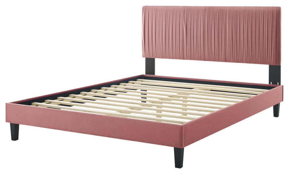 Platform Bed Frame, Twin Size, Velvet, Pink, Modern Contemporary, Bedroom Master