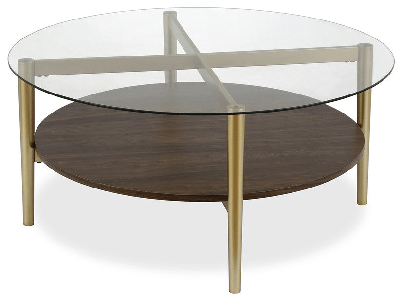 36" Gold Glass And Steel Round Coffee Table With Shelf
