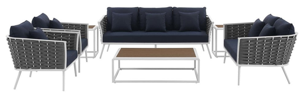 Stance 7 Piece Outdoor Patio Aluminum Sectional Sofa Set, White Navy