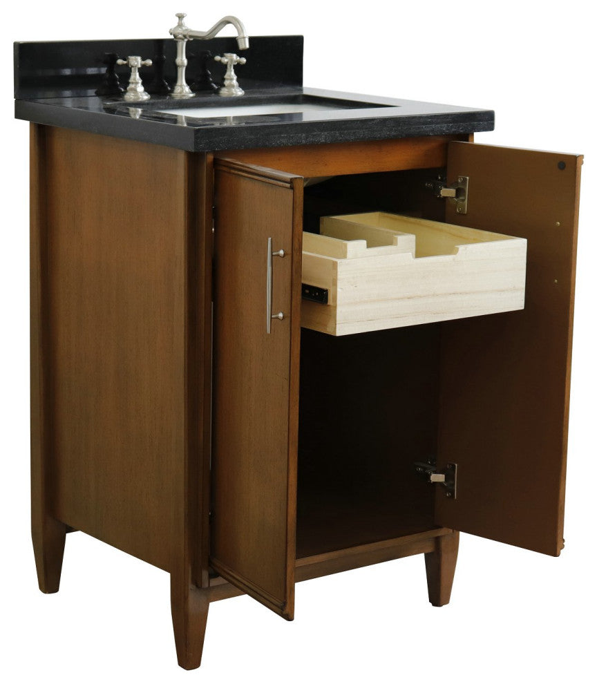 25" Single Sink Vanity, Walnut Finish With Black Galaxy Granite