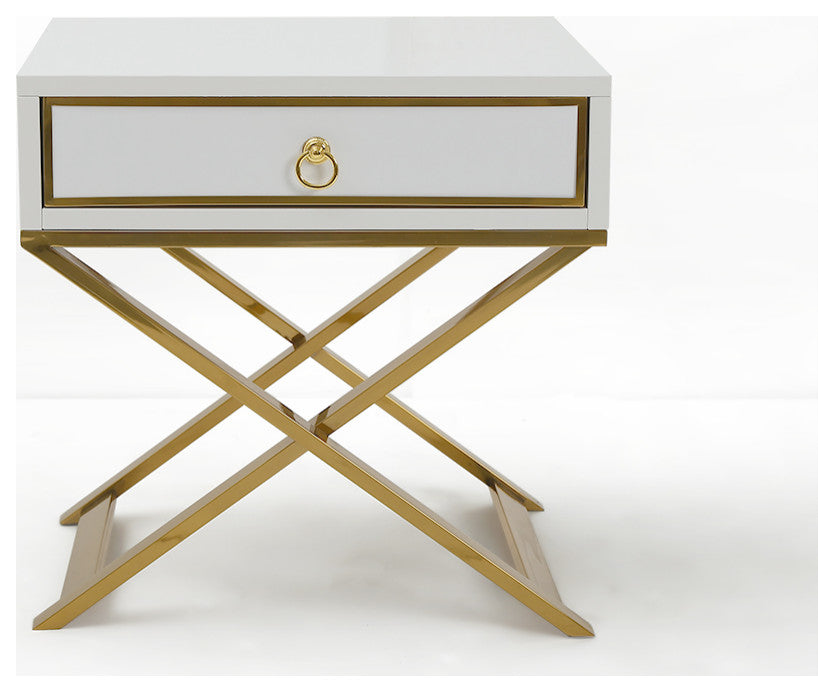 White Nightstand with Drawer Bedside Table with X-Shaped Stainless Steel Base, White