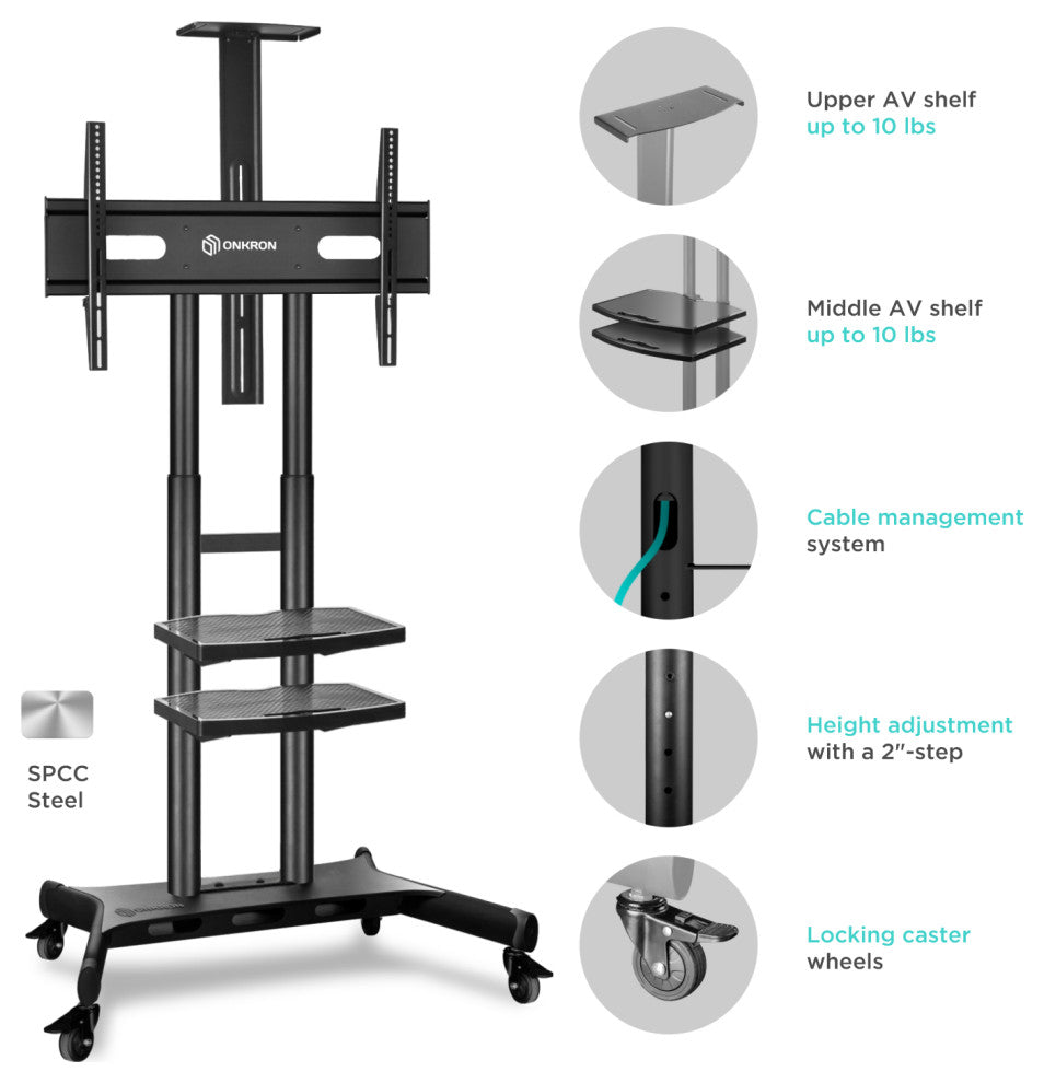 ONKRON Mobile TV Stand with Wheels Rolling TV Cart for 50-83" TVs up to 200 lbs