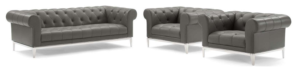 Idyll Tufted Upholstered Leather 3 Piece Set - Gray
