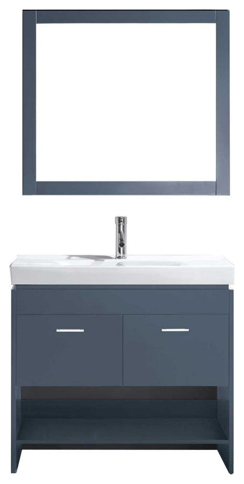 Virtu Gloria 36" Single Bathroom Vanity, Gray, Polished Chrome Faucet, Mirror