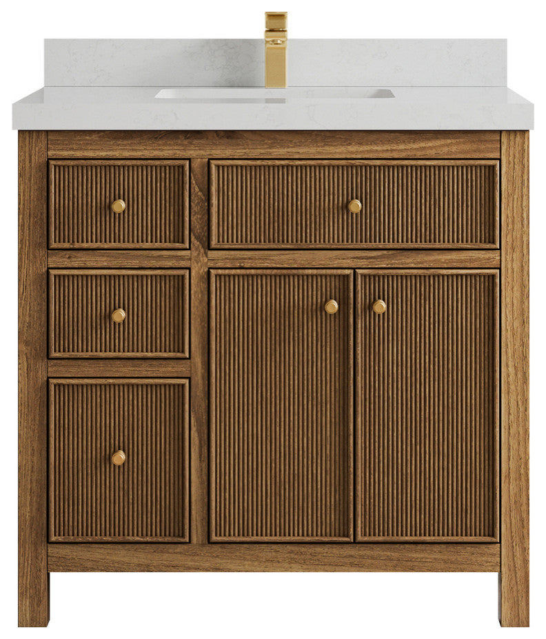 Sonoma Teak 36 Center Sink Bath Vanity in Dark Natural with 2" Carrara Quartz