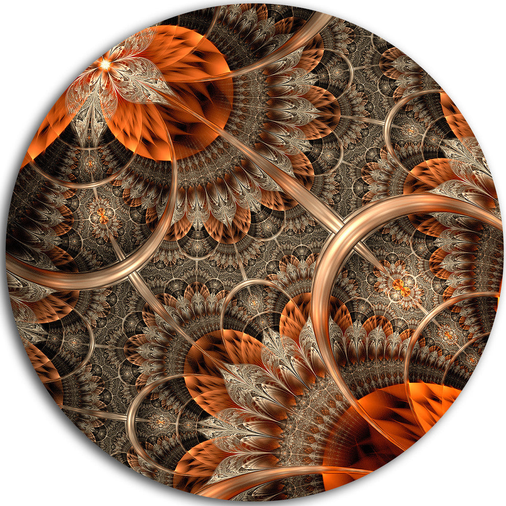 Orange Brown Digital Art Fractal Flower, Floral Disc Metal Artwork, 11"