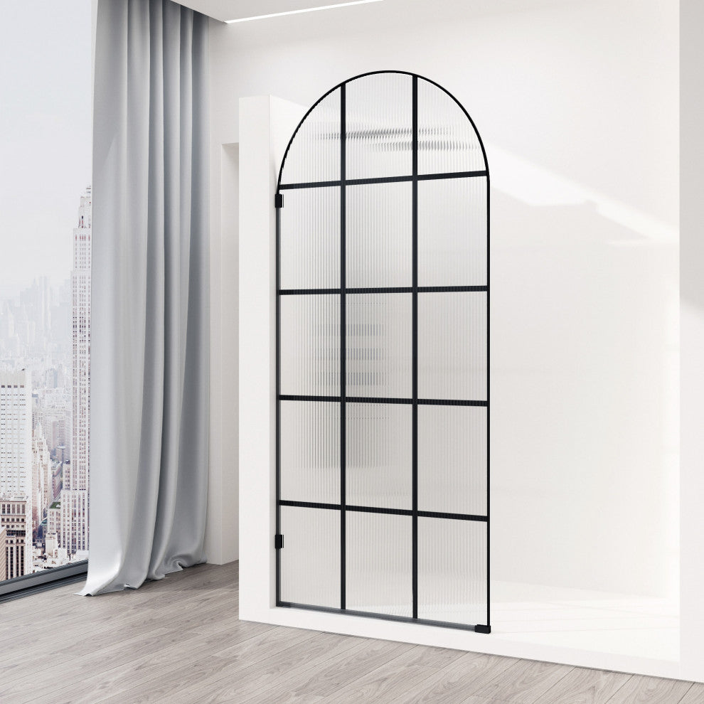 VIGO Arden 34" W x 78" H Framed Fixed Shower Screen, Grid, Fluted Glass, Matte Black