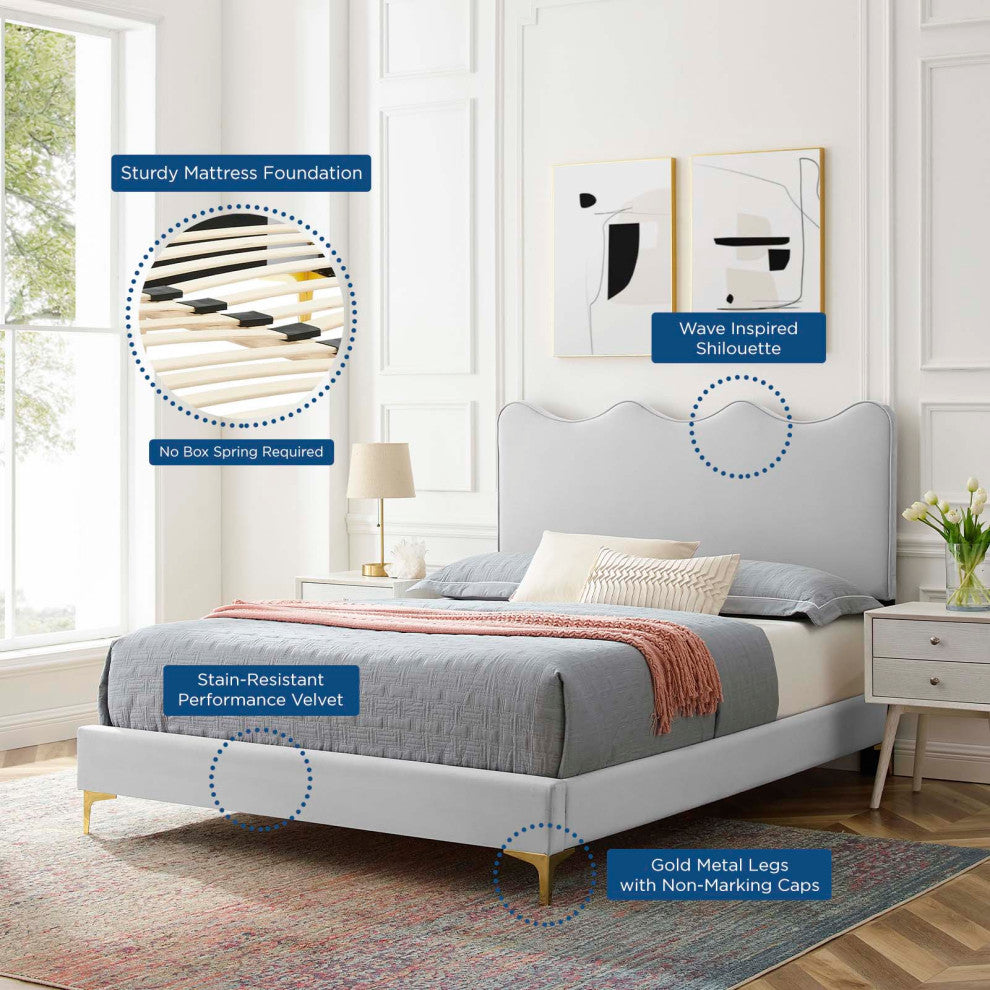Platform Bed Frame, King Size, Gray, Velvet, Modern, Bedroom Guest Suite