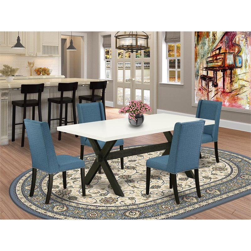5-Piece Set Linen White Table Top and 4 Linen Fabric Chairs, Black