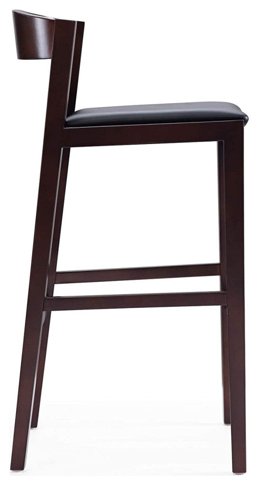 Mid Century Counter Stool, Faux Leather Seat and Low Curved Backrest, Black