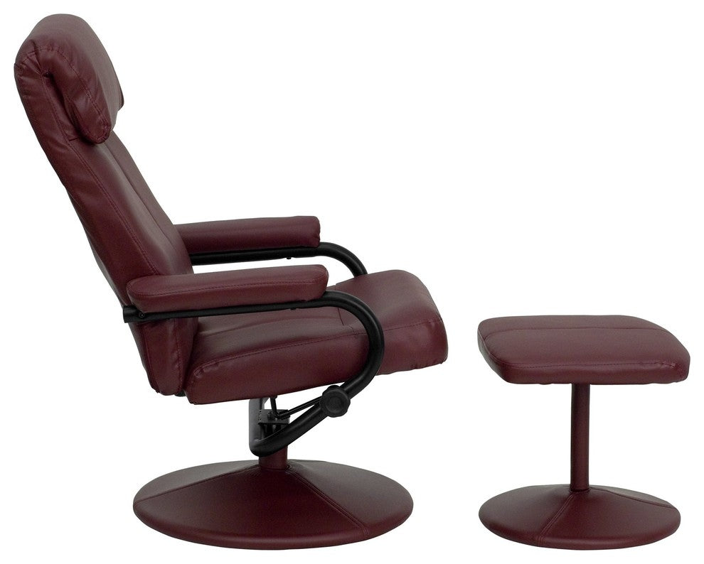 Burgundy Leather Recliner and Ottoman With Leather Wrapped Base