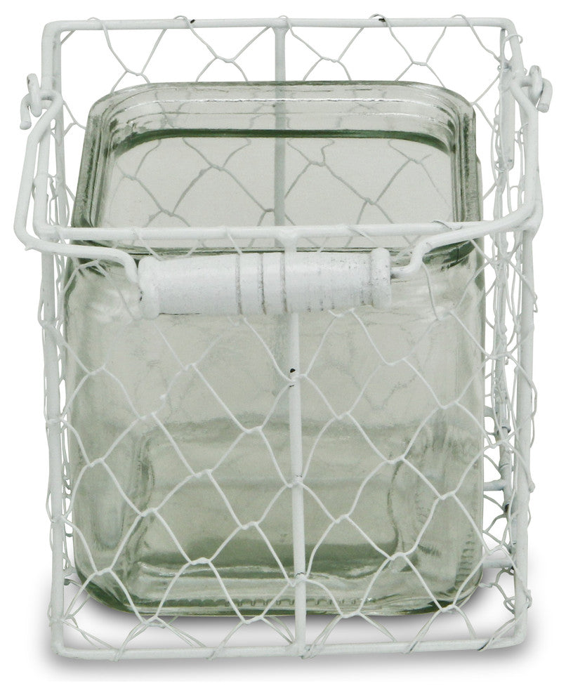 Laguna Wire Basket With Glass Jar, White, Large, Large