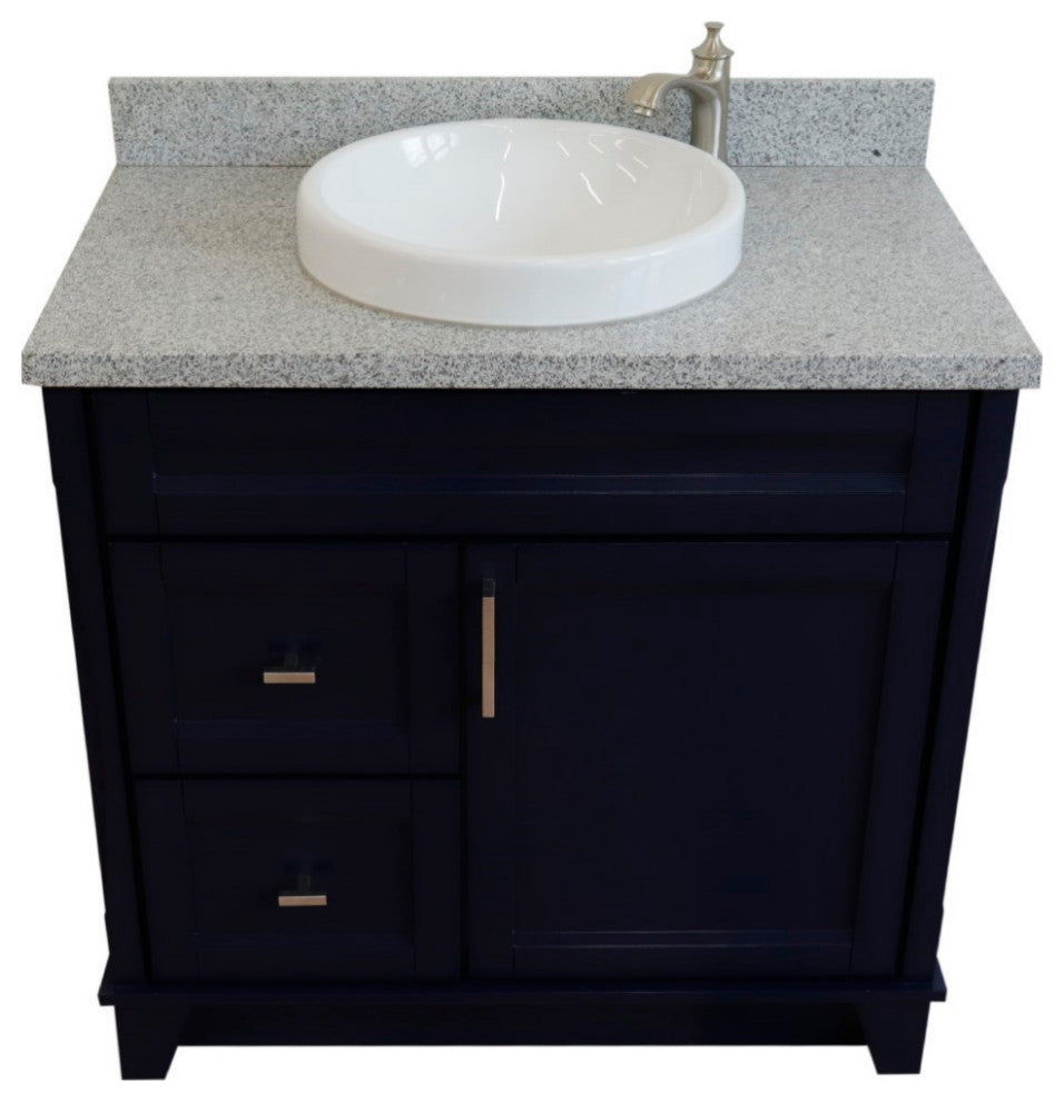37" Single Sink Vanity, Blue Finish With Gray Granite