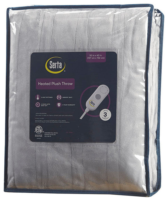 Serta Plush Heated Throw, Light Grey