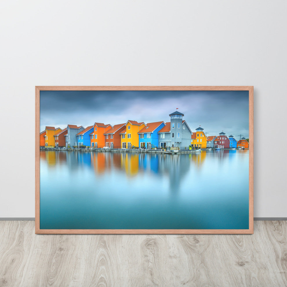 Blue Morning at Waters Edge Landscape Framed Photo Paper Wall Art Prints, Red Oak, 24" X 36"