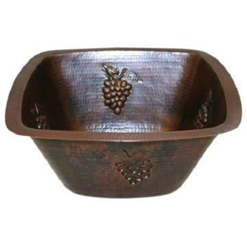 Handmade Aged Copper 15" Square Copper Kitchen Bar Prep Sink GRAPE Design