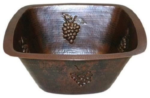 Handmade Aged Copper 15" Square Copper Kitchen Bar Prep Sink GRAPE Design