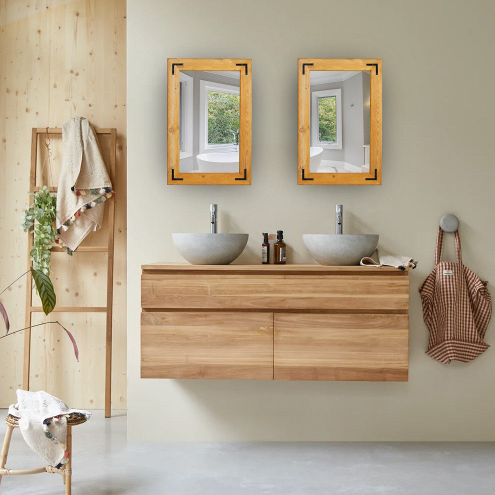 Natural Wood Framed With Metal Corner Bracket Mirror, Light