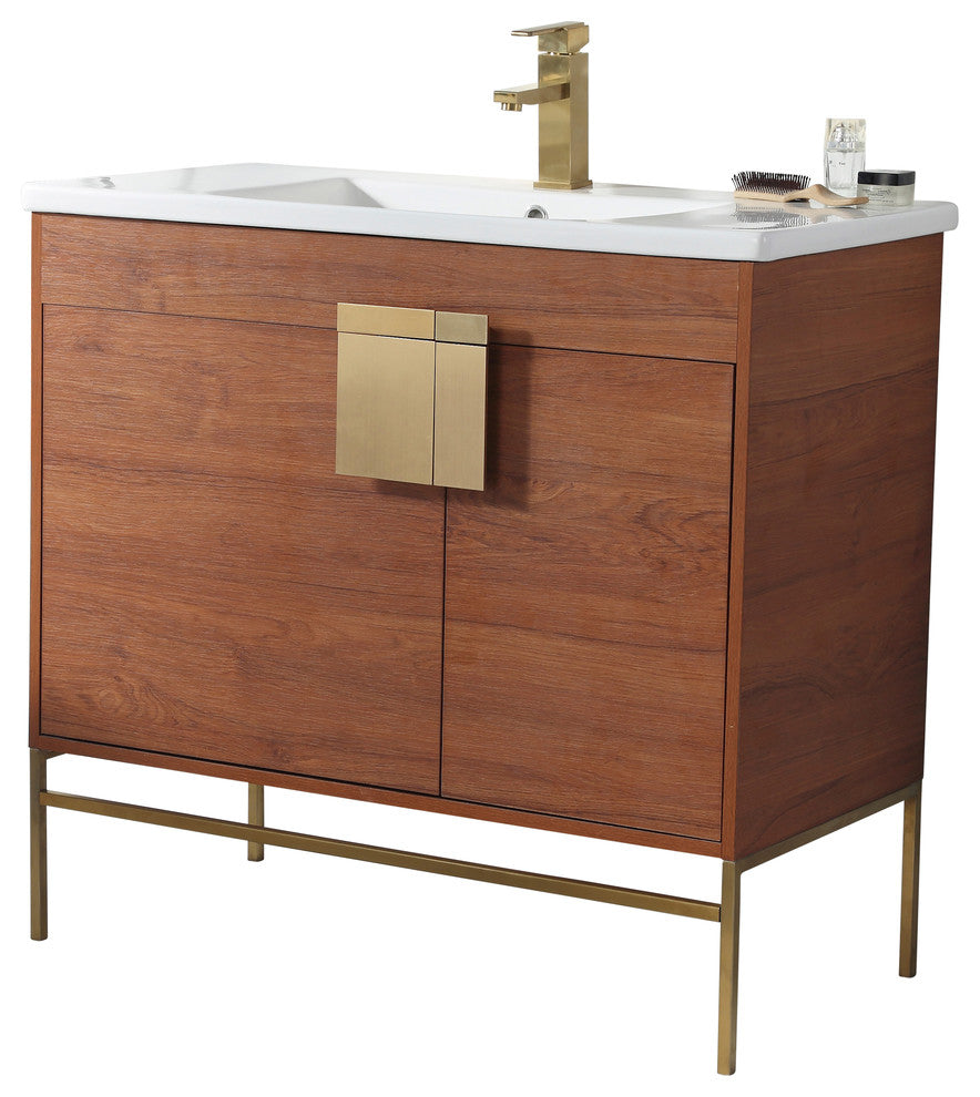 Modern Wallnut Bathroom Vanity Set, Satin Brass Hardware, Vireous China Sink Top