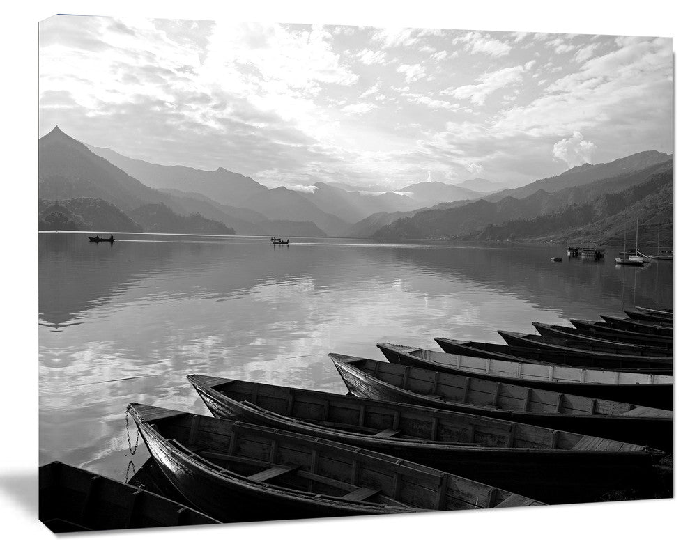 Boats Lined up on Pokhara Lake, Boat Canvas Art Print, 20"x12"