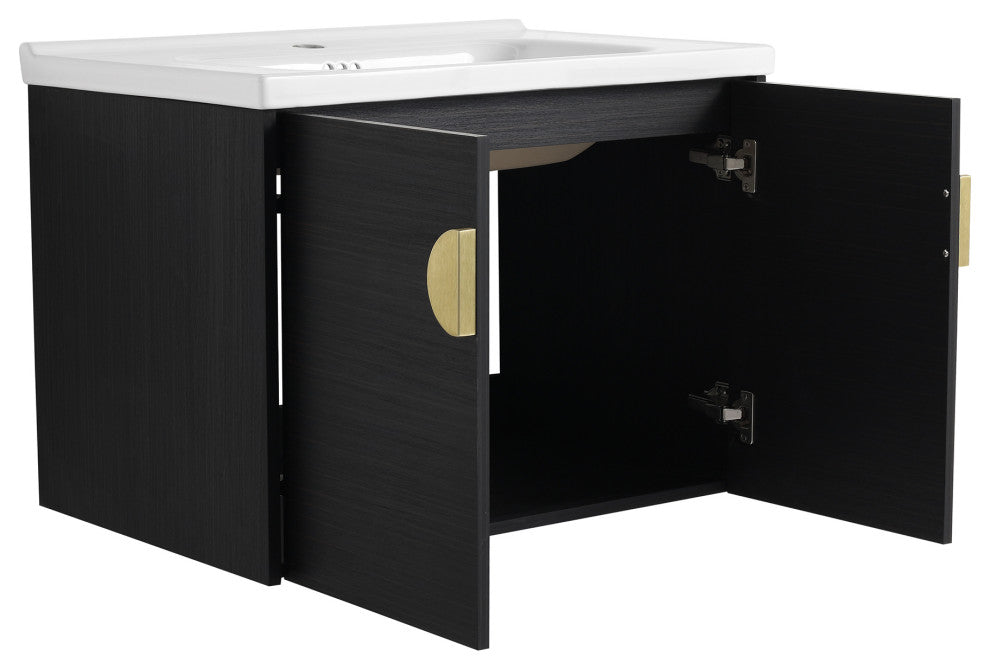 28" Plywood Wall Mounted Bath Vanity Set, Black, Ceramic Basin