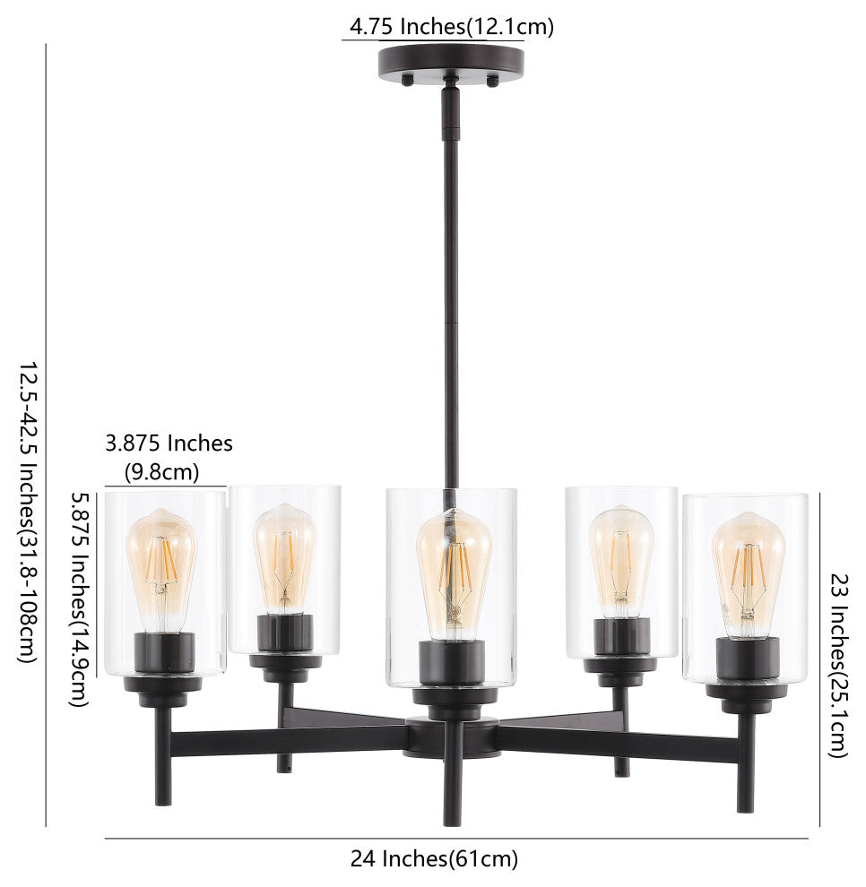 Orpheus 24" 5-Light Farmhouse Cylinder LED Chandelier, Oil Rubbed Bronze/Clear