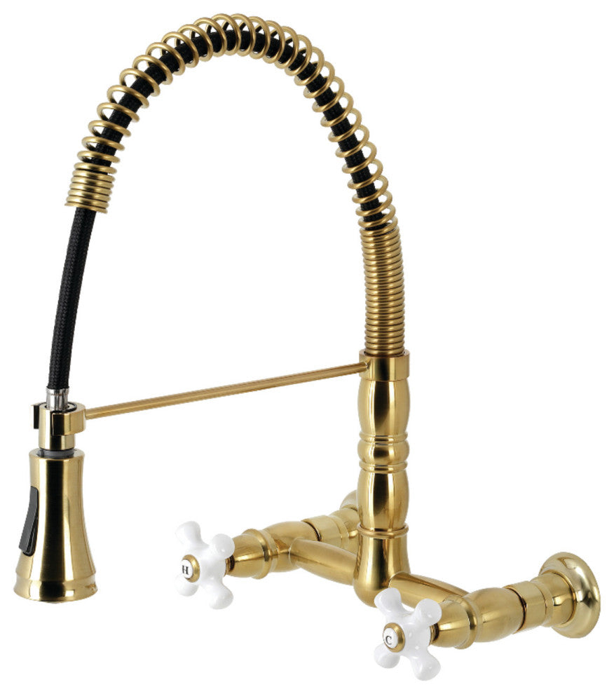GS1247PX Two-Handle Wall-Mount Pull-Down Sprayer Kitchen Faucet, Brushed Brass