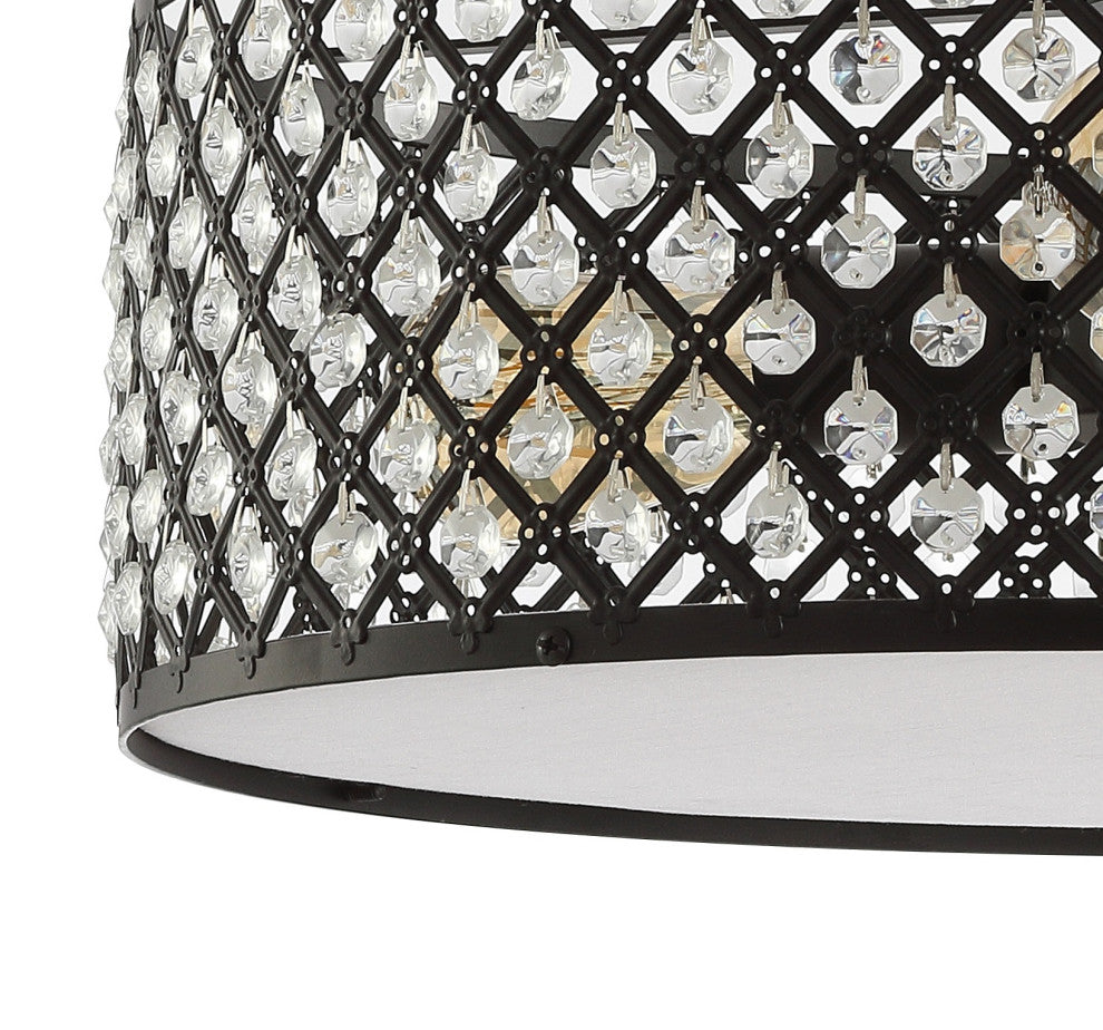 Elise 17" 3-Light Crystal and Metal Drum Semi-Flush Mount, Black