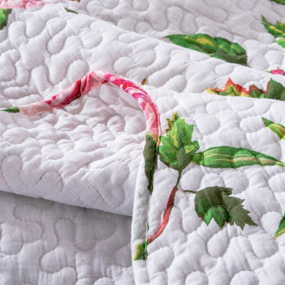 Romantic Roses Lovely Spring Pink Floral Scalloped Bedspread Set, Twin