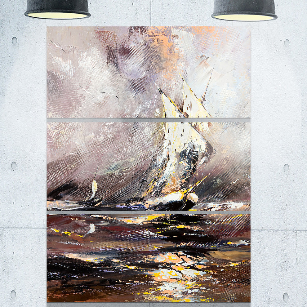"Vessel in Stormy Sea" Painting Metal Wall Art, 3 Panels, 28"x36"