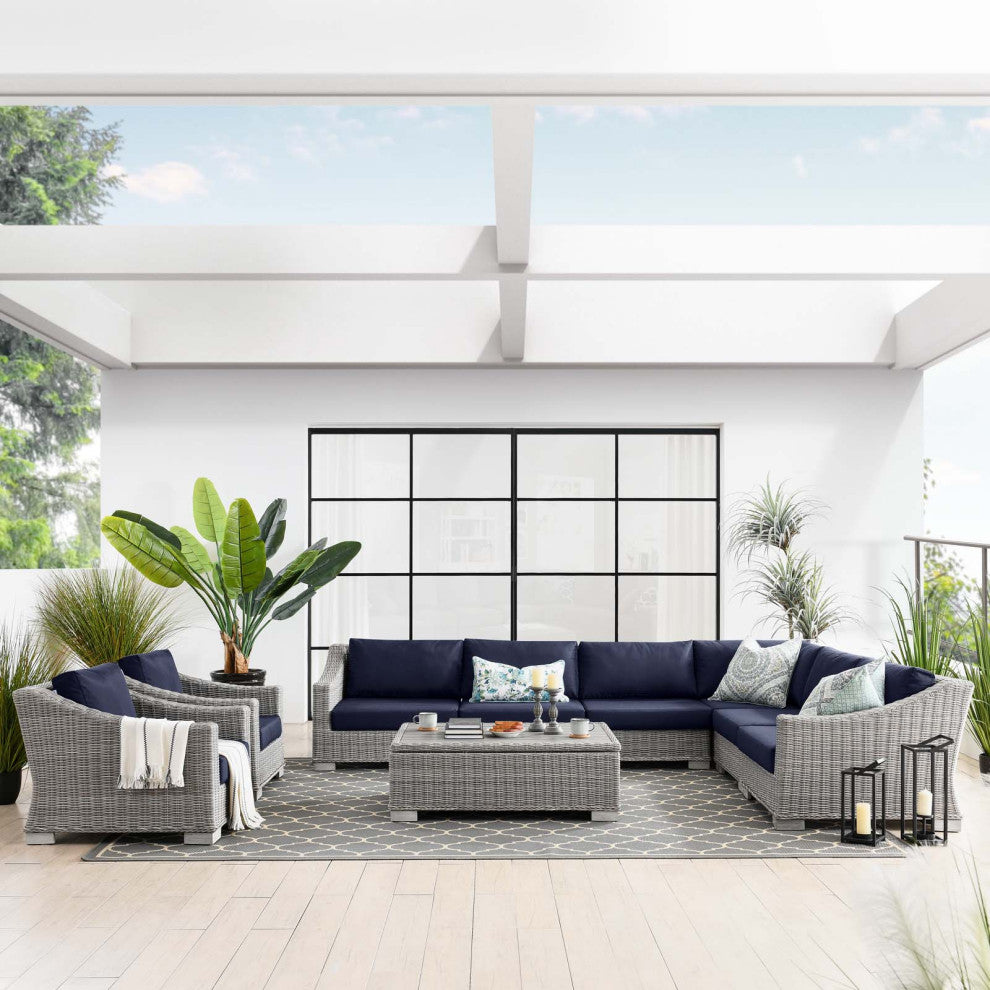 Lounge Sectional Sofa Chair Table Set, Rattan, Gray Blue Navy, Outdoor