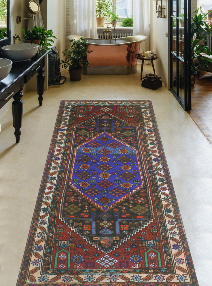 Fine Vintage Distressed Teleza Charcoal/Burgundy Runner, 3'1x7'7