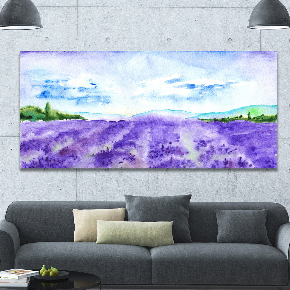 Blue Lavender Fields Watercolor, Landscape Canvas Art Print, 60"x28"