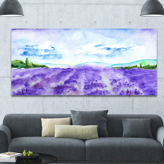 Blue Lavender Fields Watercolor, Landscape Canvas Art Print, 60"x28"