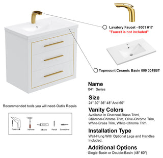 Sherwood 30" Single Vanity Set, White, Brass Trim, Floating Only