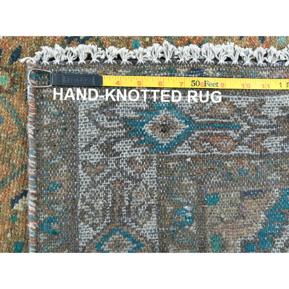 Brown Old Persian Hamadan Fish Mahi Design Hand Knotted Pure Wool Rug, 3'3"x9'2"