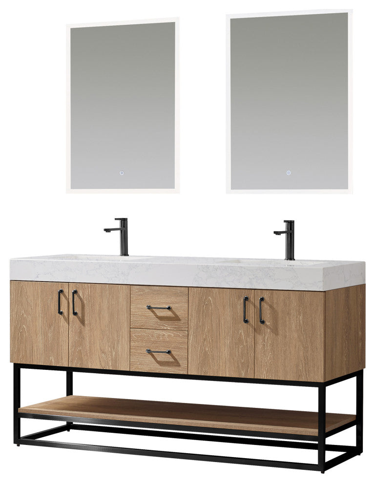Alistair Vanity, North American Oak, Matte Black Hardware, 60" Double Sink, With Mirror
