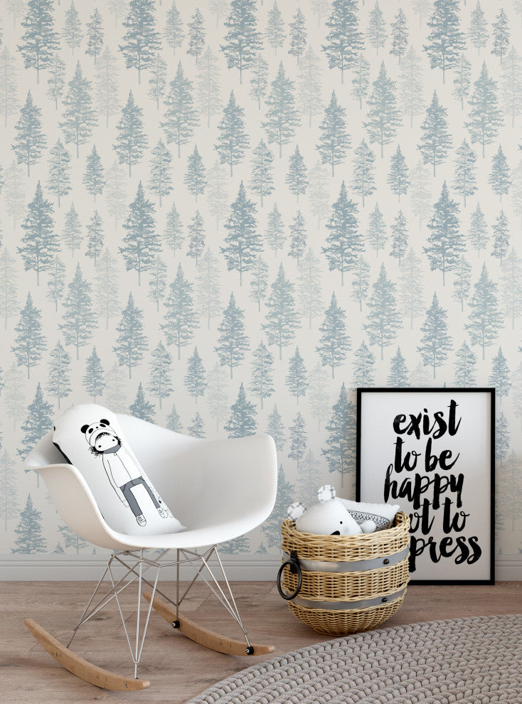 Illustrated Evergreen Forest Peel and Stick Vinyl Wallpaper, Winter Blue, 24"x108"