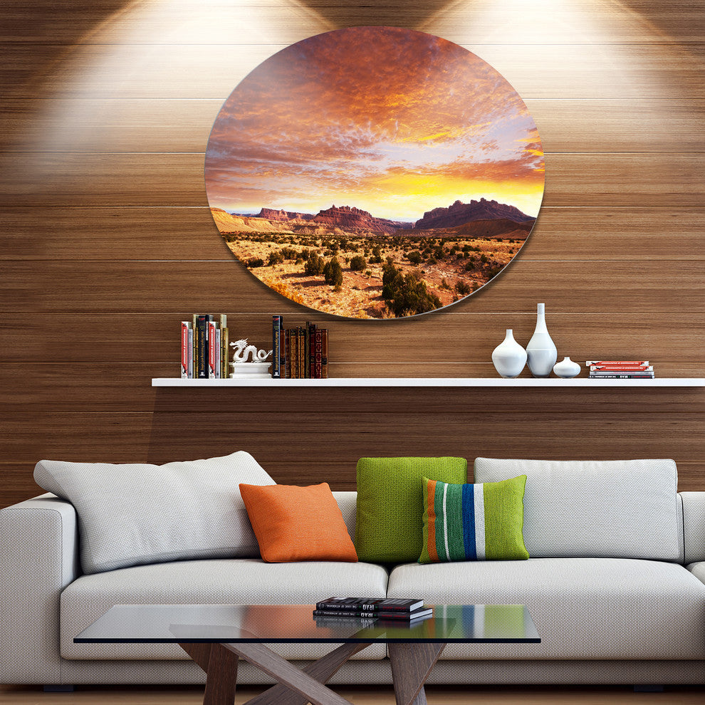 Land With Thick Clouds At Sunset, African Round Metal Wall Art, 36"