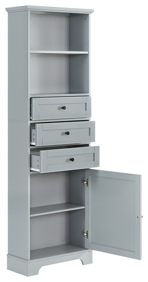 68" Tall Freestanding Bath Cabinet, 3 Drawers and Adjustable Shelves, Grey