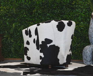 Leather Barrel Chair on Cowhide Accents, Black/White
