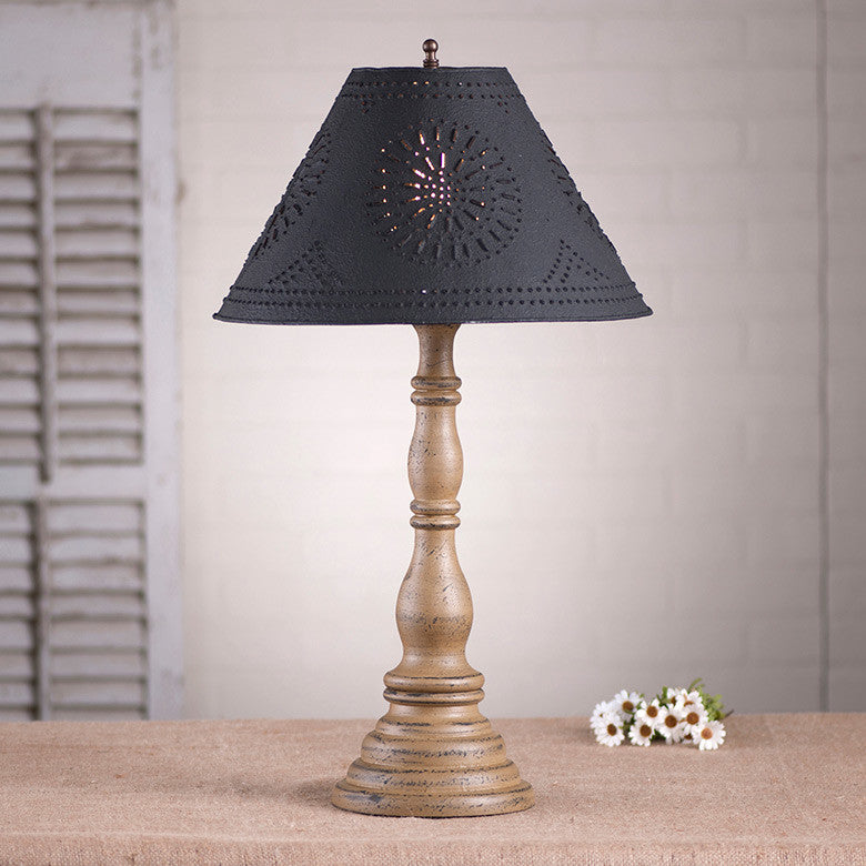 Wood Table Lamp With Punched Tin Shade USA Handmade Davenport, Pearwood